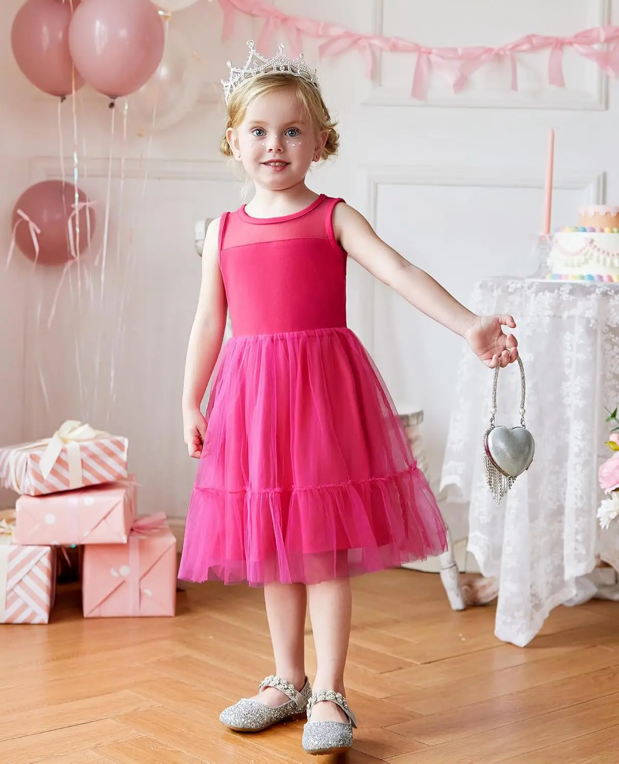 فستان رسمي بدون أكمام للأطفال الصغار، فساتين فتاة الزهور اللامعة من التول اللطيف لحفلات العطلات #3