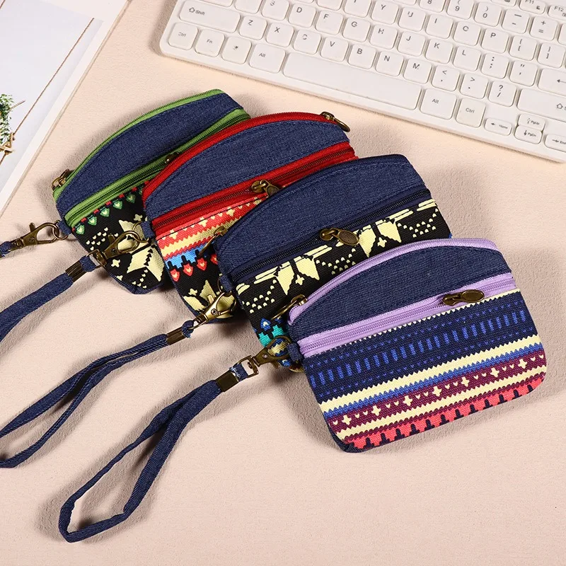 Printed Handbag Fabric Wallet Key Bag Wrist Double Zipper Handbag Women'S Handbag New 2025