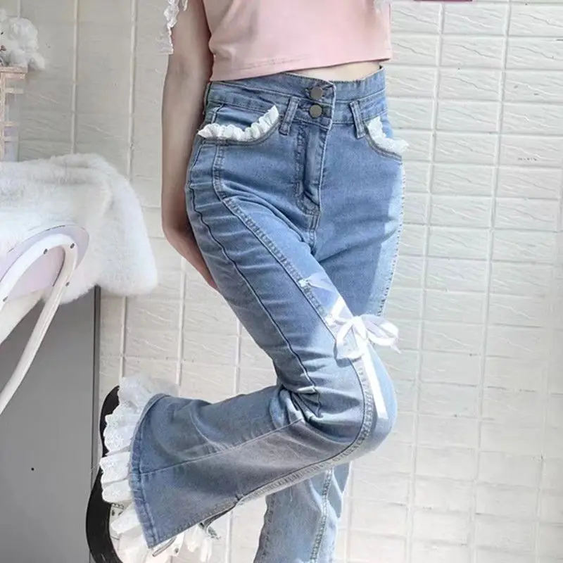 Sweet spice girl short lace strap jeans autumn and winter new ins slim elastic split micro wide-leg pants