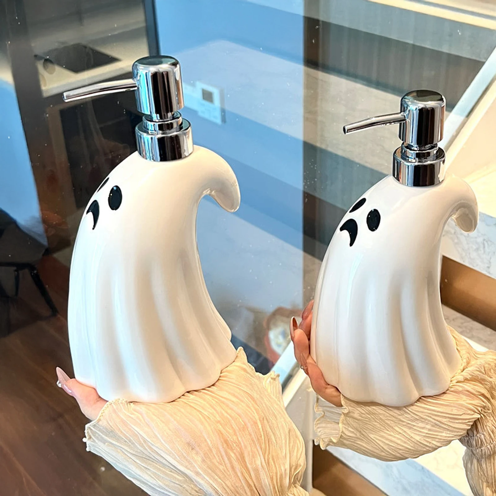 

Bathroom Desktop Soap Dispenser Cute Ghost Shaped Soap Dispenser Large Capacity Press Type Dispensing Bottle Halloween Decors