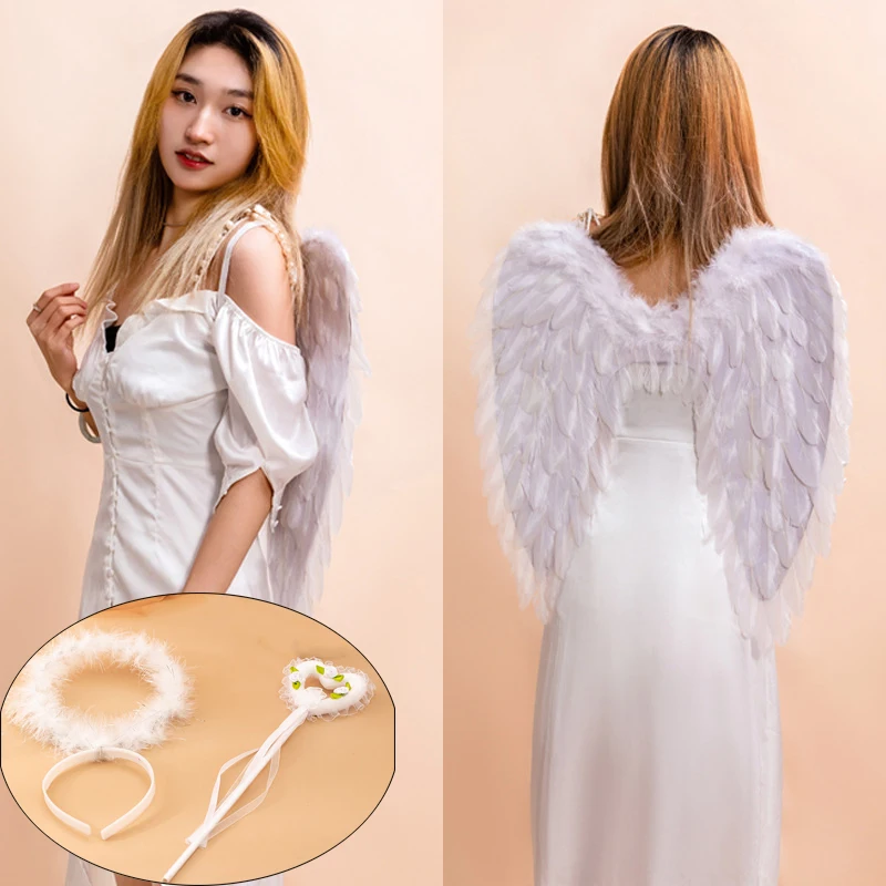 Asas de penas de anjo para crianças e adultos, varinhas brancas, adereços cosplay para mulheres meninas, Halloween, decoração de Natal