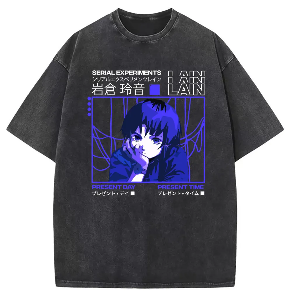 Lain Present Day Time Anime Printed T-shirts For Man Women Vintage Long Sleeve Tee Shirt Men Washed Cotton Retro Sweatshirts