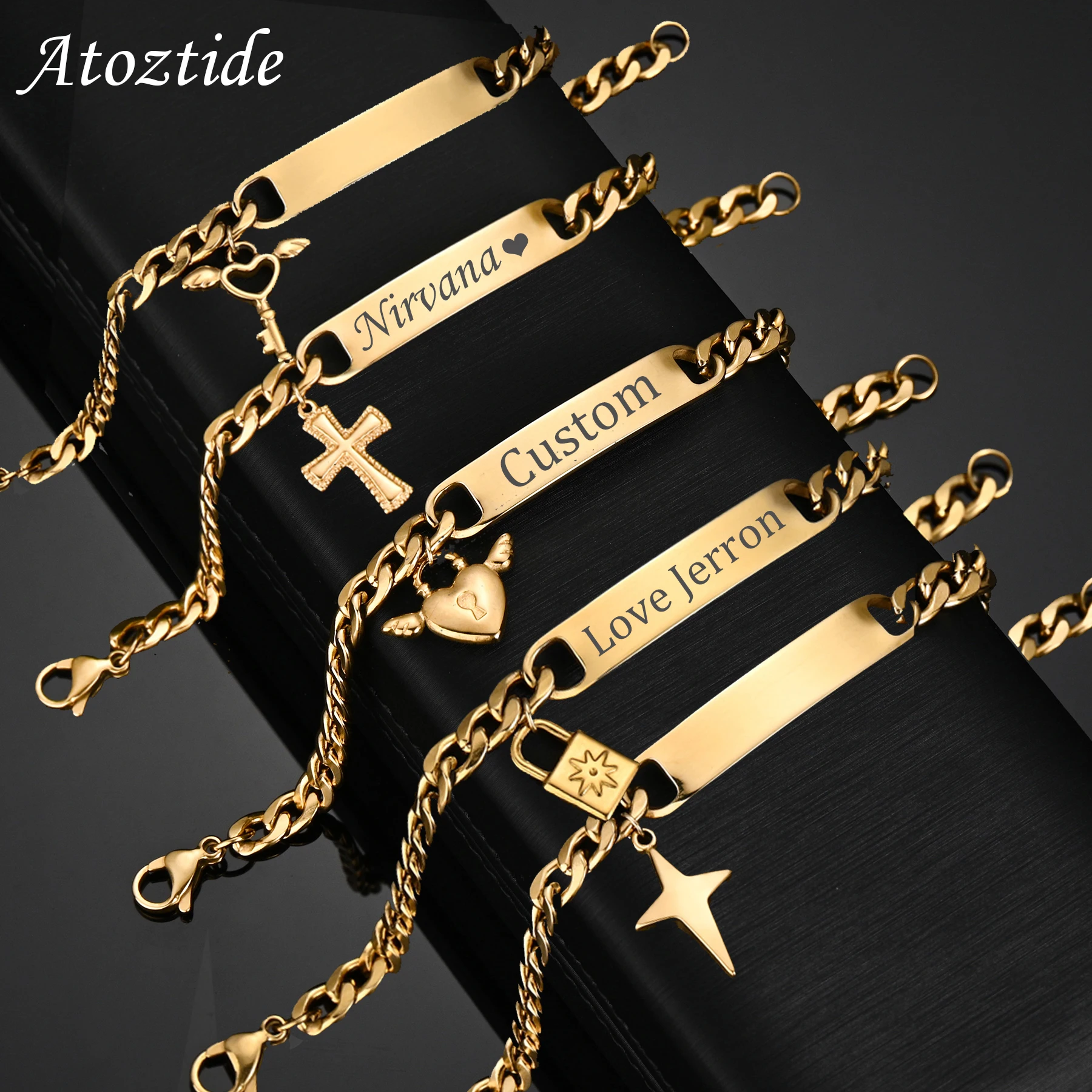 Atoztide Engrave Name Cross Heart Bracelet Stainless Steel For Men Women Adjustable Cuban Chain Personalized Jewelry Gift