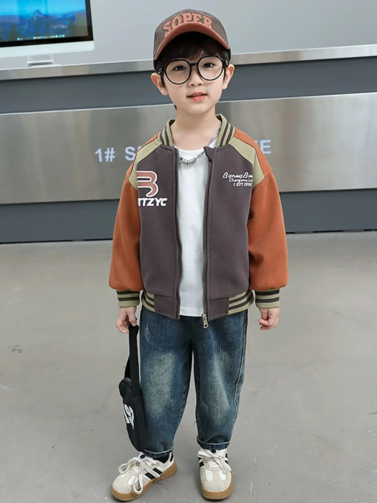 

Boys' Spring Autumn Color Blo Baseball Jaet Trendy Youthful Long Sve Outerwear Stand Fit Baseball Collar Street Sle