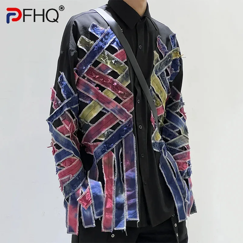 PFHQ Design Tie Dye American Style Men's Niche Fashion Washed Cotton Long Sleeved Shirt Contrast Color Male Tops 21Z5858