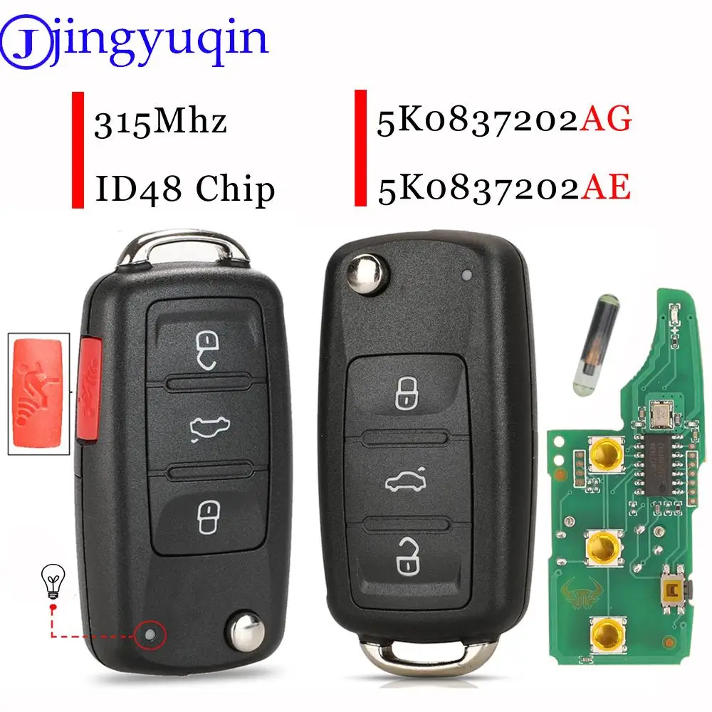 Jingyuqin 3/4Buttons pilot zdalnego sterowania samochodu 315/433Mhz ID48 dla VW Bettle CC EOS Golf Jetta Passat Tiguan Touareg 5 k0837202ae/A/R