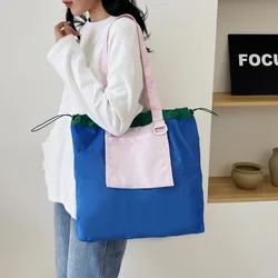 New Drawstring Patchwork Colour Large Capacity Shopping Canvas Bag Hundred Shoulder Bag Casual Commuter Bag Waterproof