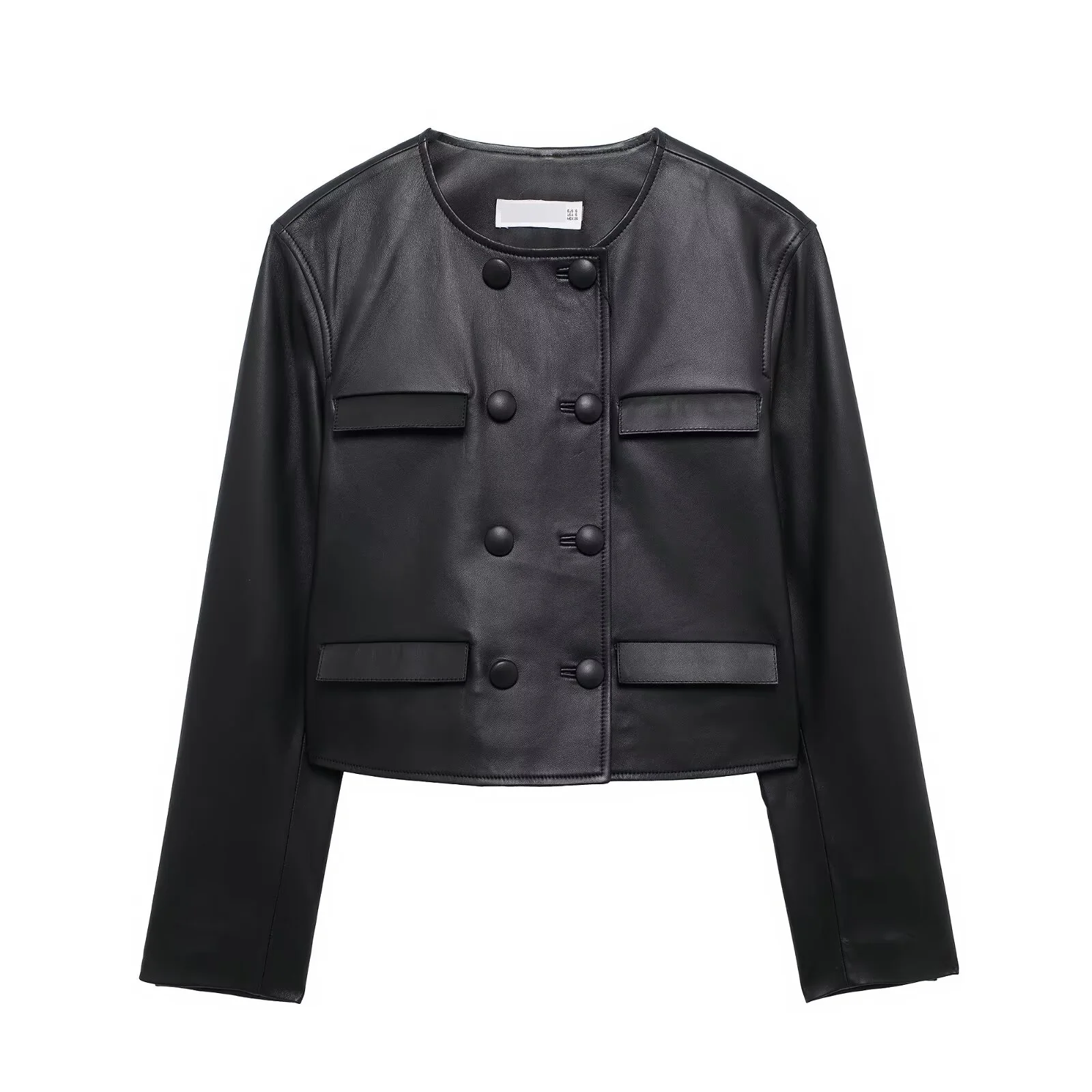 Tangada 2025 Women Black Faux Leather Blazer Jacket Pocket Long Sleeve Female Crop Coat BE0560