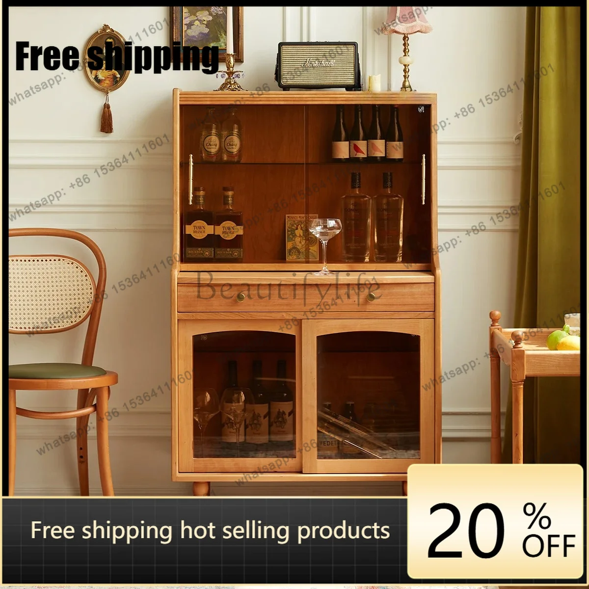

Modern simple side cabinet retro storage wine cabinet living room home cherry wood solid wood wall storage cabinet