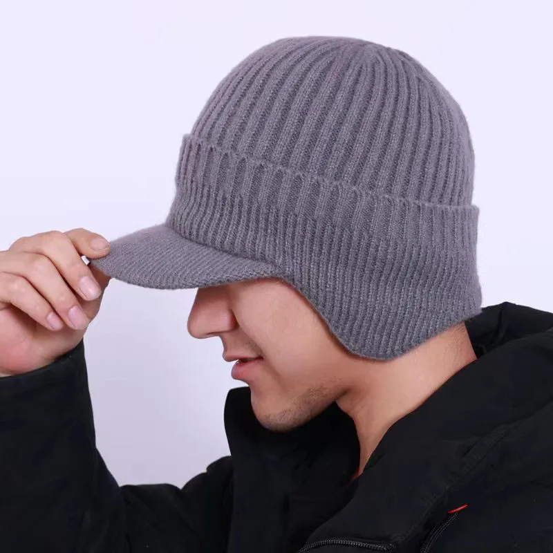 Men Winter Knitted Hat Outdoor Cycling Windproof Ear Protection Warmth Peaked Cap Thick Plus Fleece Baseball Cap 54-58cm