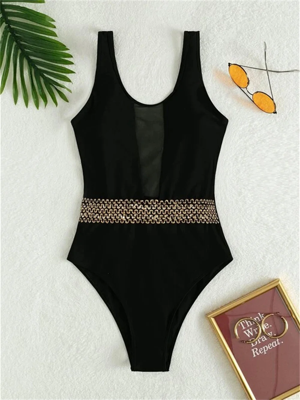 

Black Mesh Splicing Bikini Sexy See Through Swimsuit High Waist Monokini 1 Piece Swimwear Trend Women Beach Outfit Bathing Suits