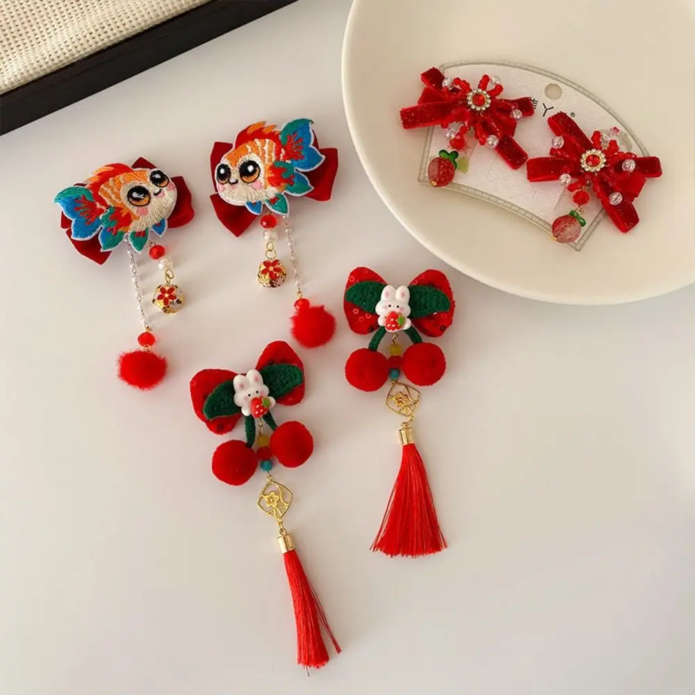 Hanfu Headwear Children\'s New Year Hairpin Tang Suit Sweet Chinese Style Red Barrettes Cute Flower Ancient Style Hair Clip Kids
