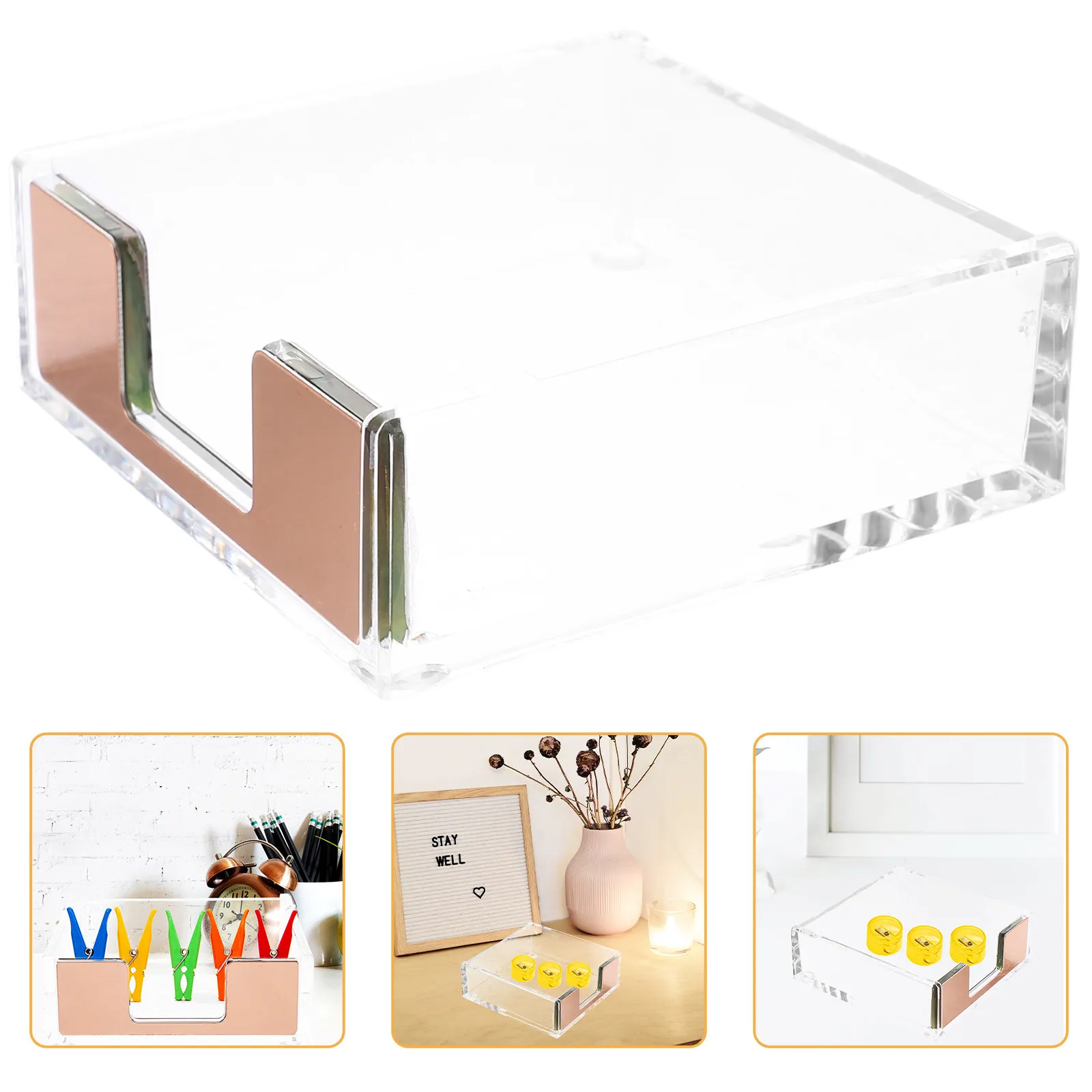 Mini Clear Memo Holder Desktop Organizer Notepad Container Paperclip Storage Box Office Supplies Business Card Stand