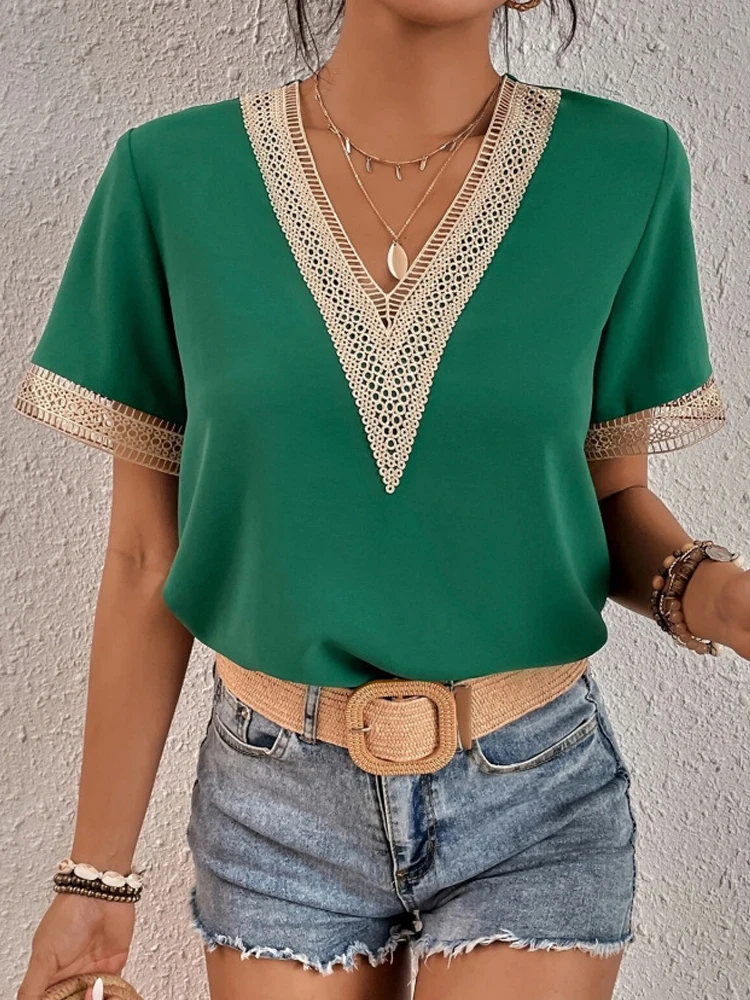 Women V-neck Lace Parchwork Blouse Clothes Short-Sleeved T-Shirt Loose Smooth Ice Soft Silk Casual Streetwear Top