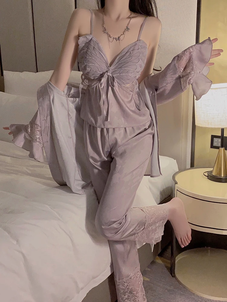 Sexy Satin Print Deep V Butterfly Home Clothes Set with Chest Pad Exposed Back New Arrival Sleepwear Pants 4071
