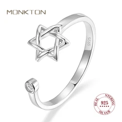 Monkton-Real S925 Sterling Silver Anel Hexagonal Oco para Mulheres, Estrela Aberta de Davi, Anel Promessa, Moda