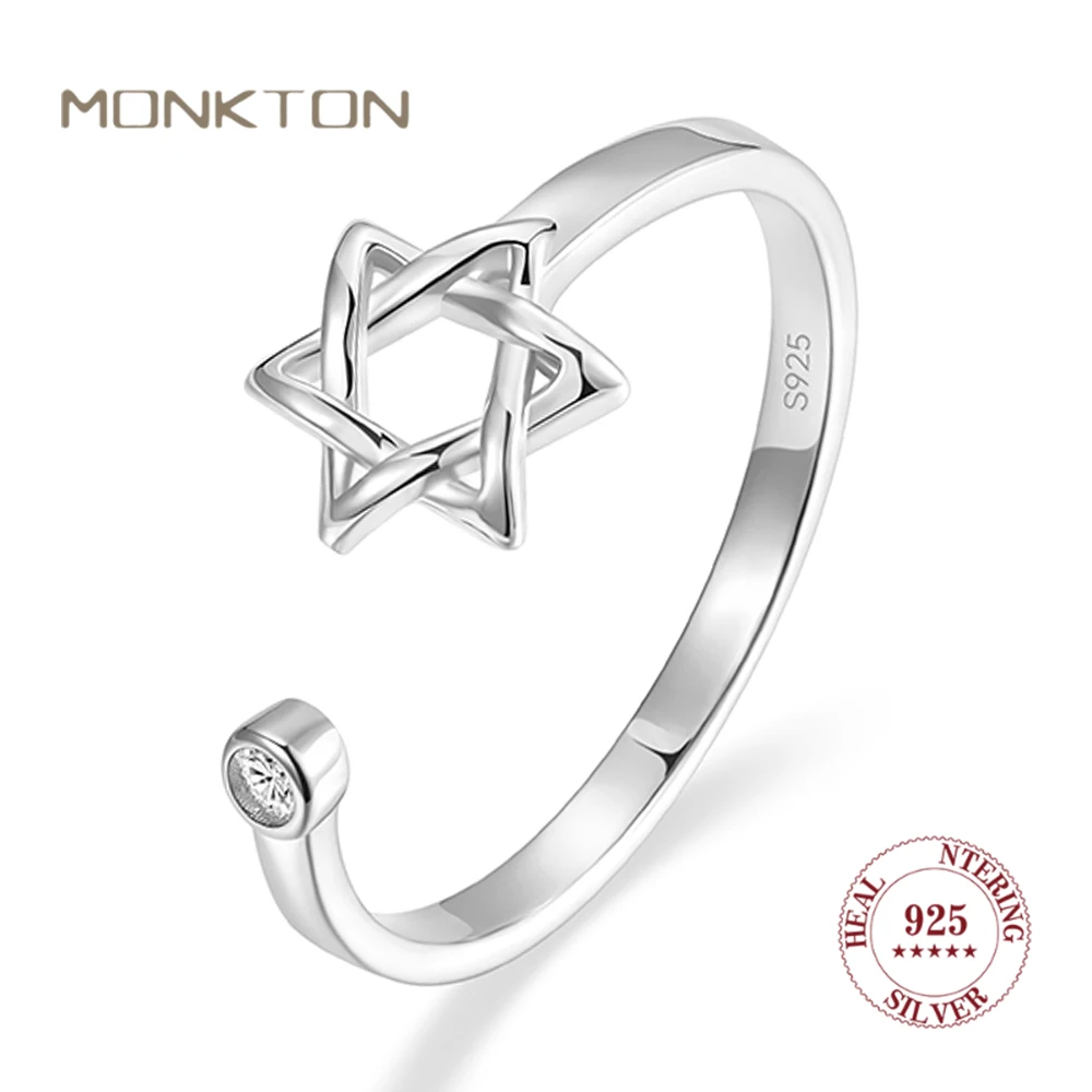 Monkton Real S925 Sterling Silver Hollow Hexagon Ring for Women Fashion Open Star of David Silver 925 Jewelry Promise Ring