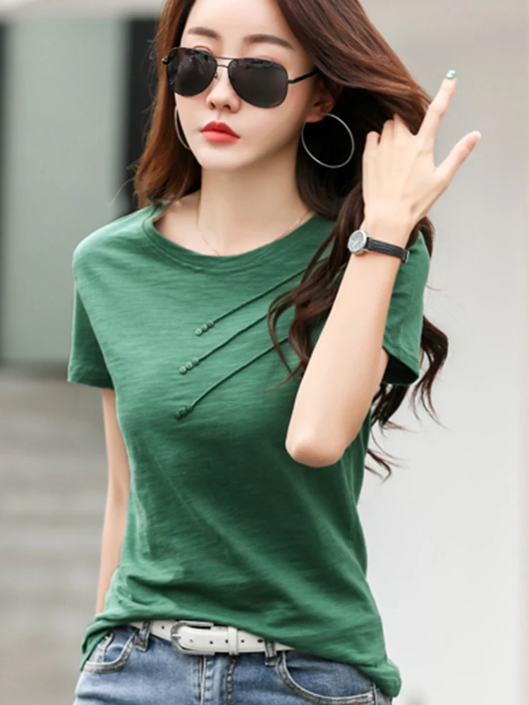 Summer Women Tee-Shirts Button Ribbed Cotton Top Loose Fashion T-shirts Women Streetwear 2024 Short Sleeve O-Neck Korean Tops