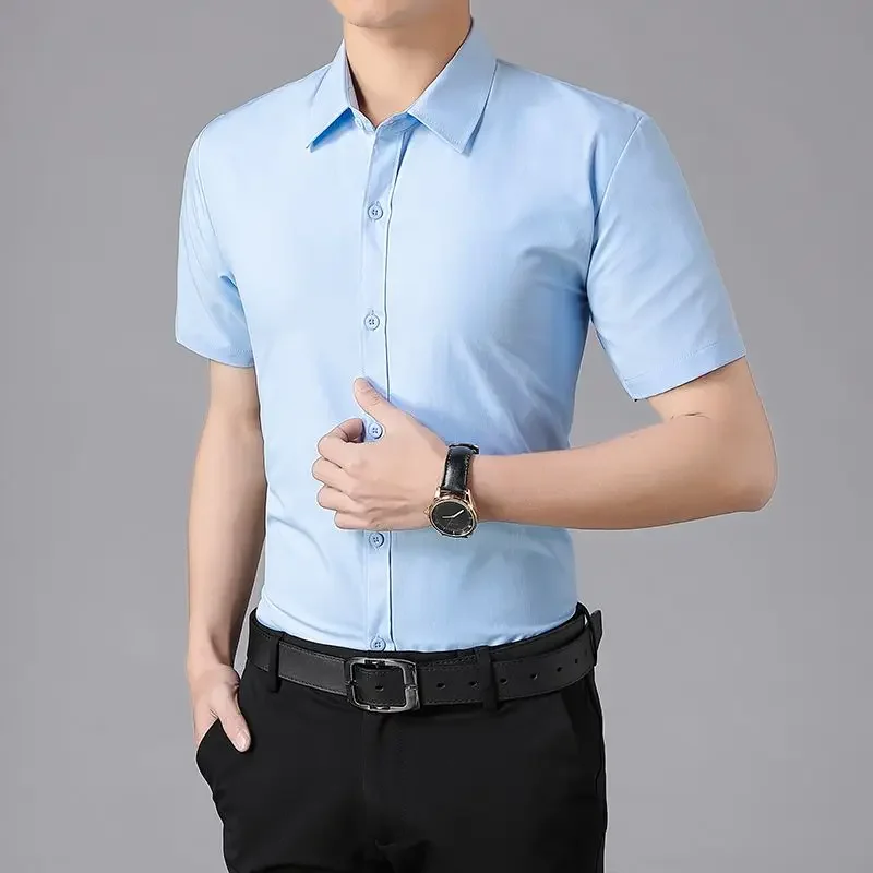 

Business Blue Black Short Sleeve White Shirts for Men Plain Silk Normal Button Up Designer Casual Elegant Slim Fit Man Shirt