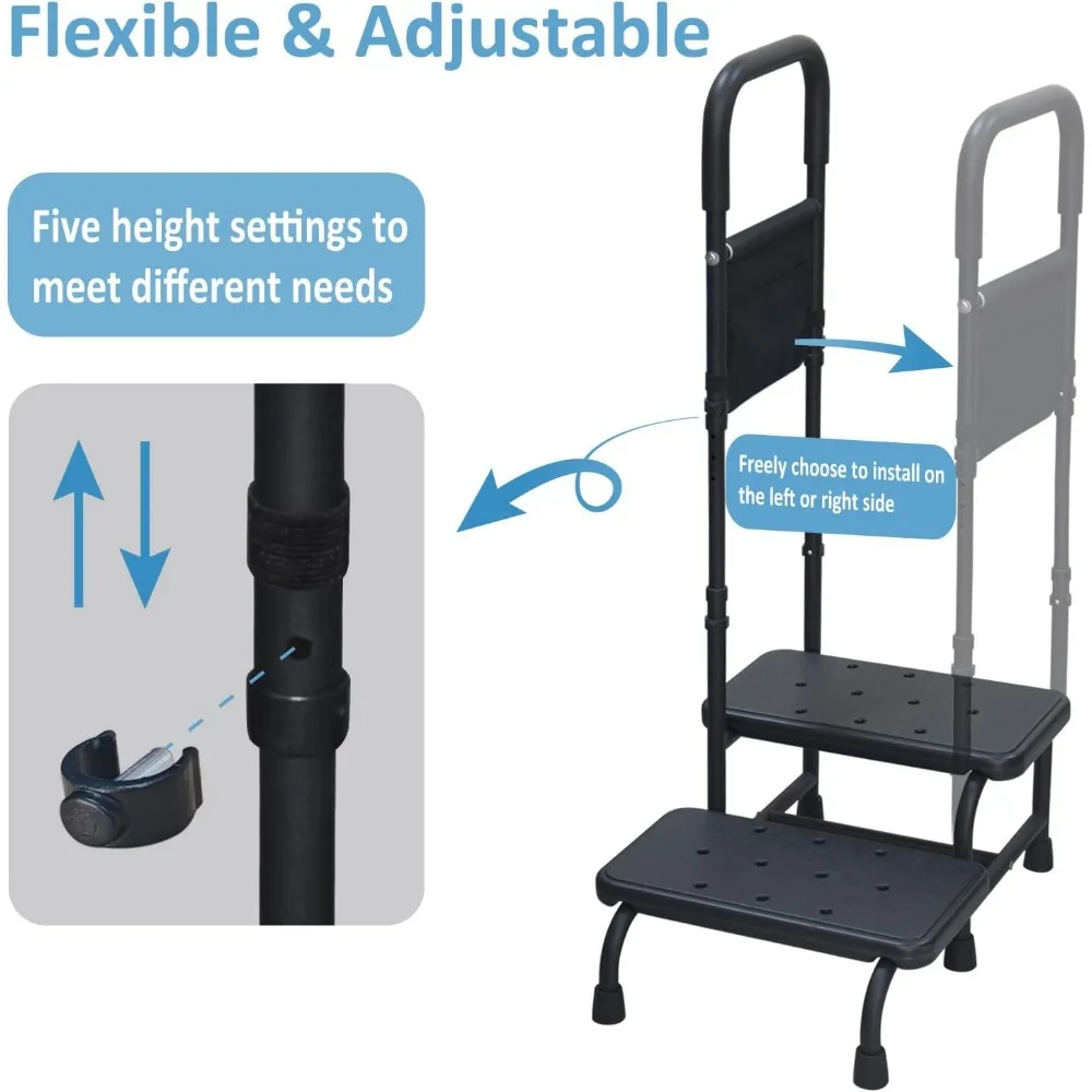 Adjustable Handrail Step Stool for Seniors, Portable Two-Step Footstool with Non-Slip Platform for Bed & Bathroom