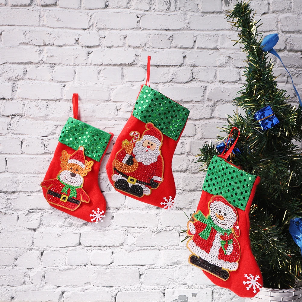 

3pcs Christmas Stockings Socks DIY Handmade Rhinestone Artwork Kit Xmas Tree Fireplace Hanging Decoration Candy Gift Socks For K