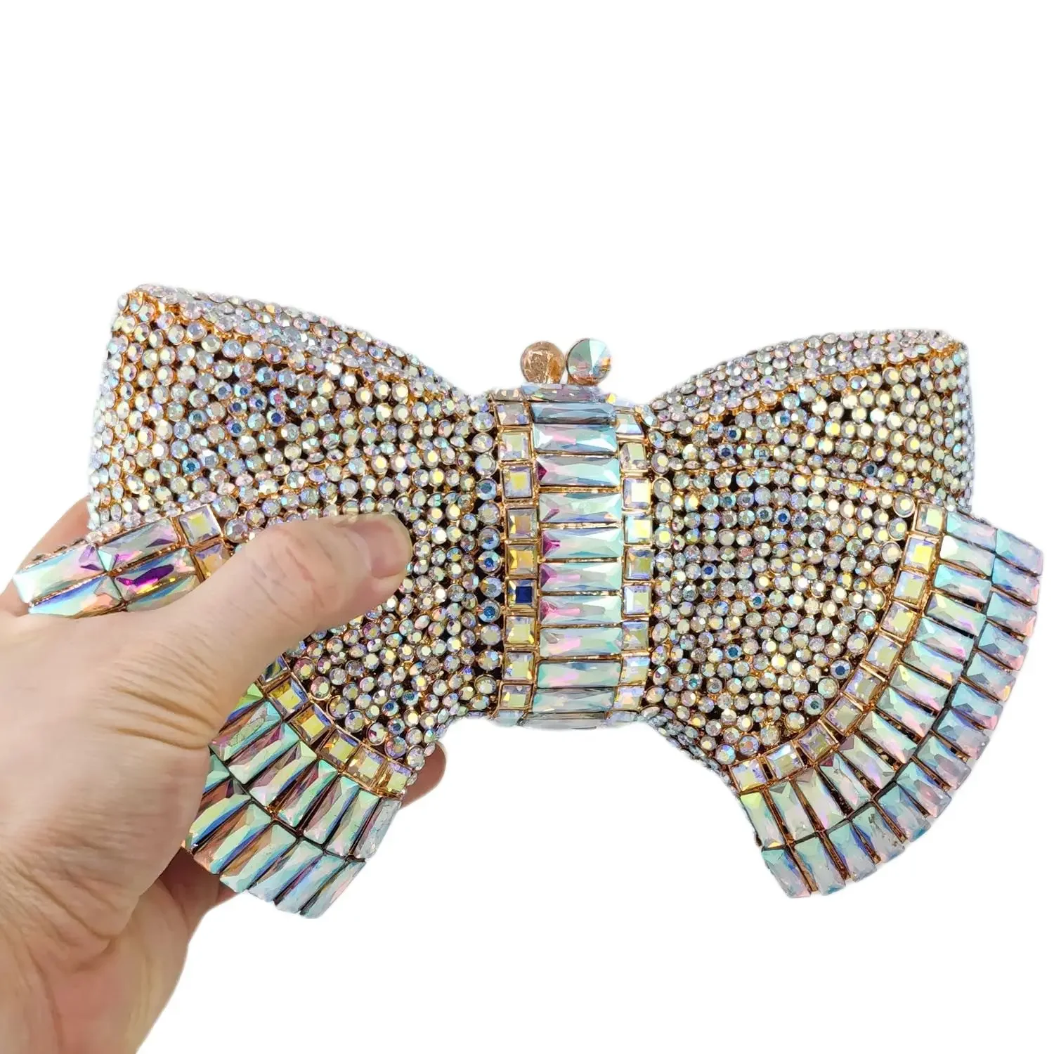 Boutique De FGG Designer Bow Clutch Evening Bag Women God AB Crystal Clutch Bags Wedding Party Bridal Rhinestone Handbags