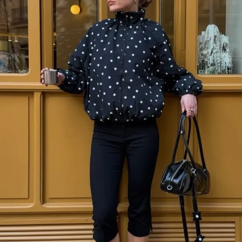 

Women's Jackets 2026 New Fashion Polka Dot Print High Neck Long Sleeve Coats Casual Female Chic Outerwear Loose Tops