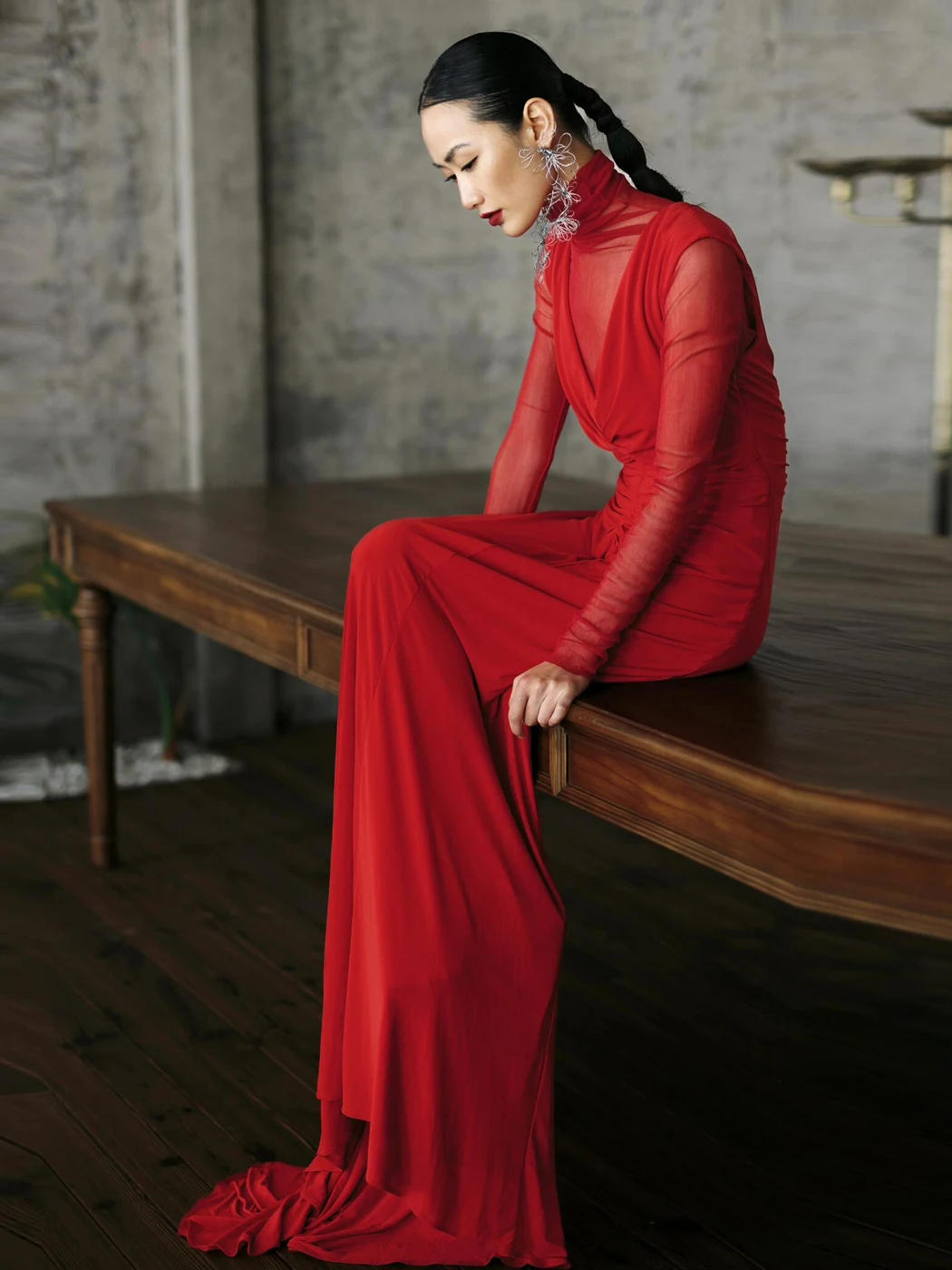 

Элегантное красное свадебное платье с длинными рукавами, утренний халат для невесты, вечернее платье для помолвки, винтажный стиль, приталенный силуэт