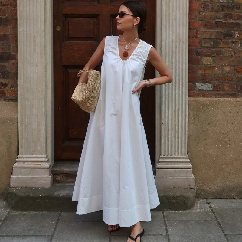 

TARUXY Summer New Sleeveless Dress Women Fashion Cotton Vacation Leisure U-Neck Loose Long Dresses Female Daily Commuting Dress