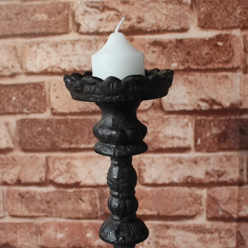 Antique Black Large Cast Iron Candle Holder With Square Standing Base European Country Accents Handmade Home Table Decor Piece