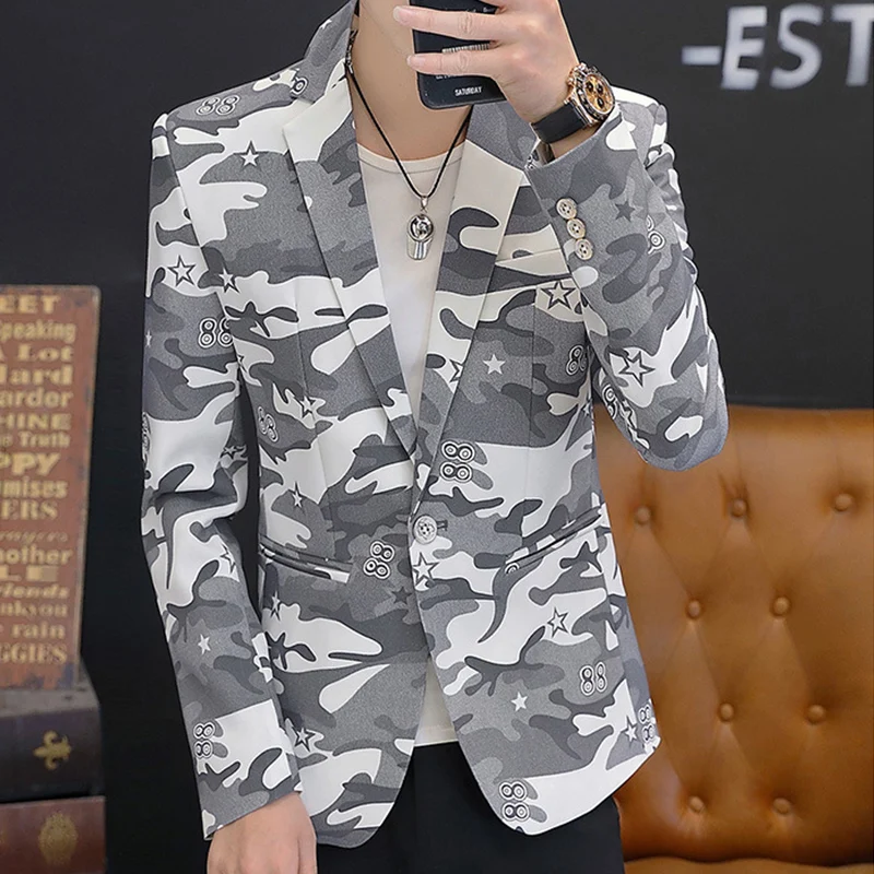 Masculino camuflagem impresso único botão blazer casual 2022 primavera outono entalhado lapela masculino fino terno casaco camo