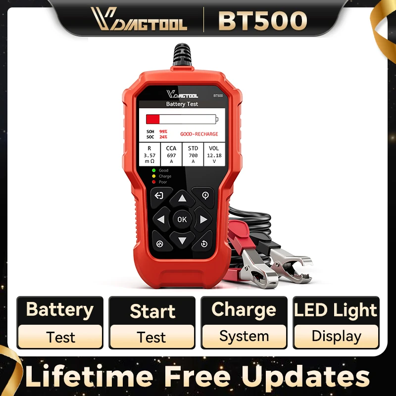 

VDIAGTOOL BT500 тестер автомобильного аккумулятора 5-3000CCA анализатор аккумулятора диагностический инструмент зарядки для мотоцикла 6 В-24 В грузовика