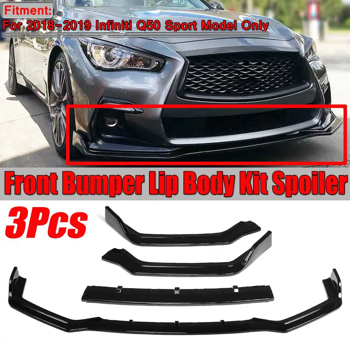 3PCS Detachable Car Front Bumper Lip Spoiler Body Kit Diffuser Splitter Lip Guard Cover For Infiniti Q50 Sport Model 2018 2019
