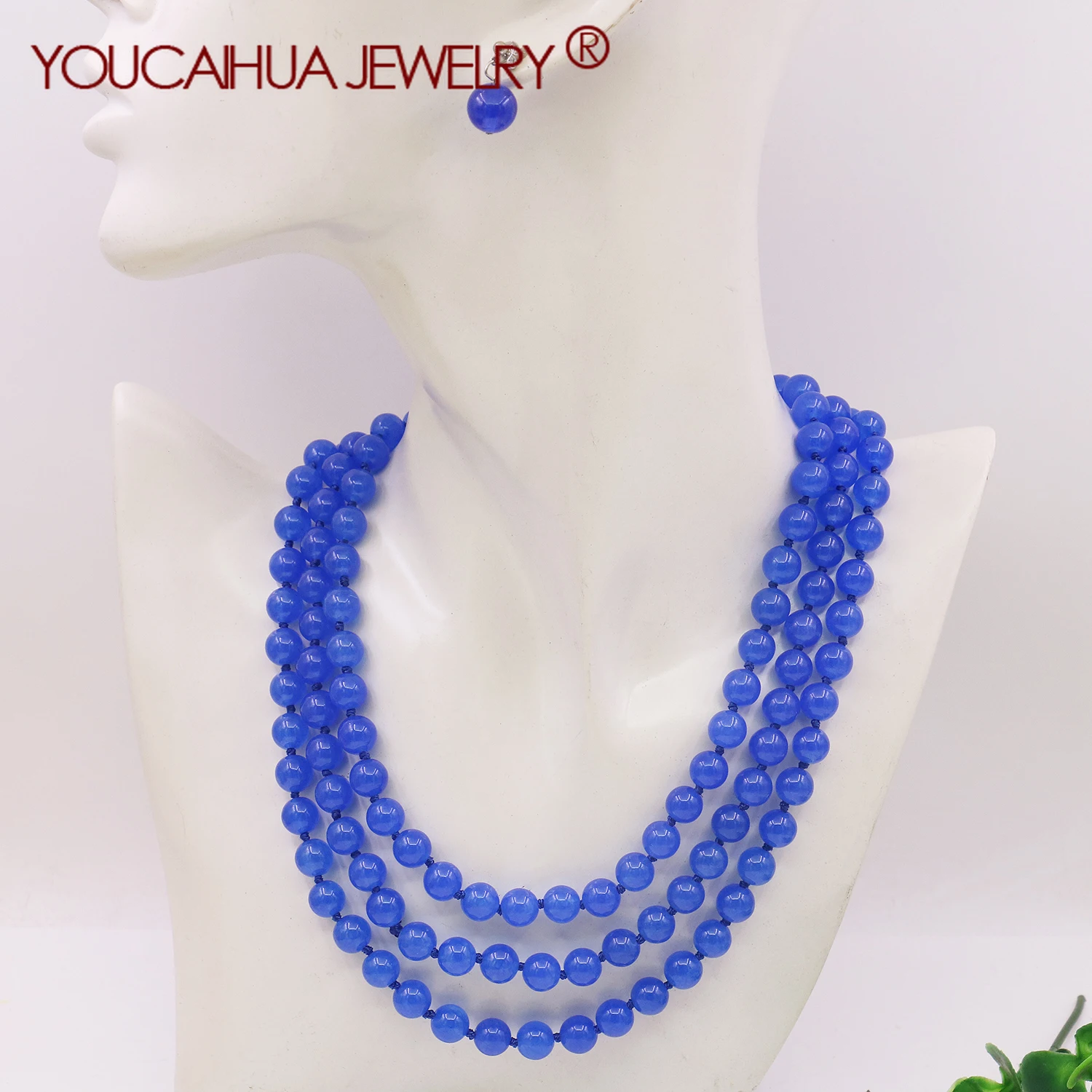 8mm Natural Blue Chalcedony Round Bead Stone Long Necklace/earring Set,Fashionable Transparent Gemstone Party Gift, 50 Inches