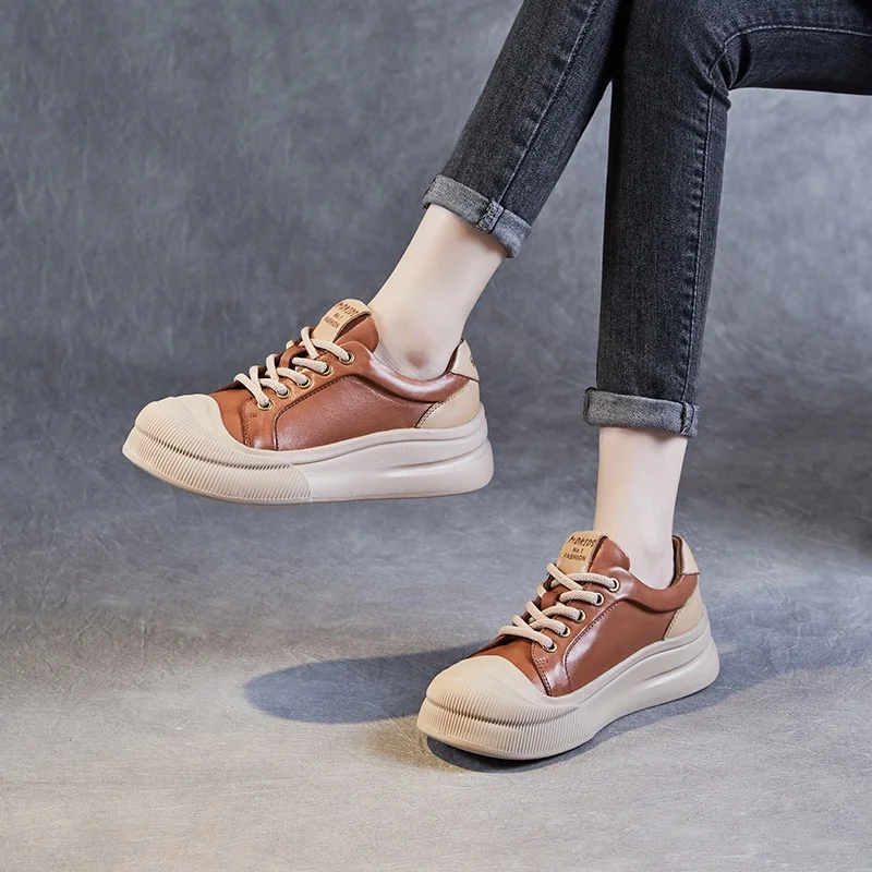 DRKANOL 2024 Women Chunky Platform Sneakers Round Toe Genuine Cow Leather Thick Bottom Casual Sneakers Mixed Colors Ladies Shoes