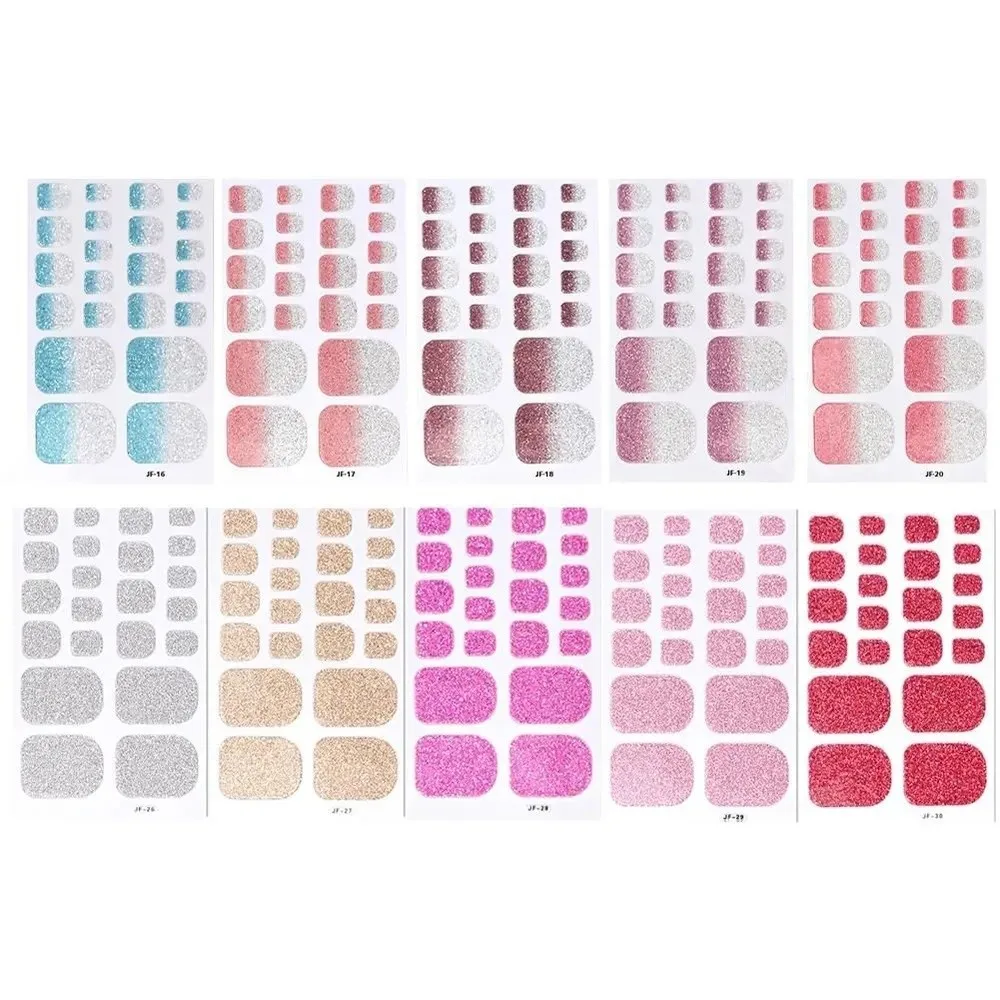 22tips/Sheet Gradient Glitter Toe Nail Stickers Waterproof No Bake Removable Adhesive Self Adhesive Toenail Decals