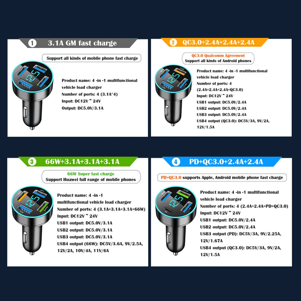 66W 4 Ports USB Car Charger Fast Charging PD Quick Charge 3.0 USB C Car Phone Charger Adapter For IPhone 14 13 