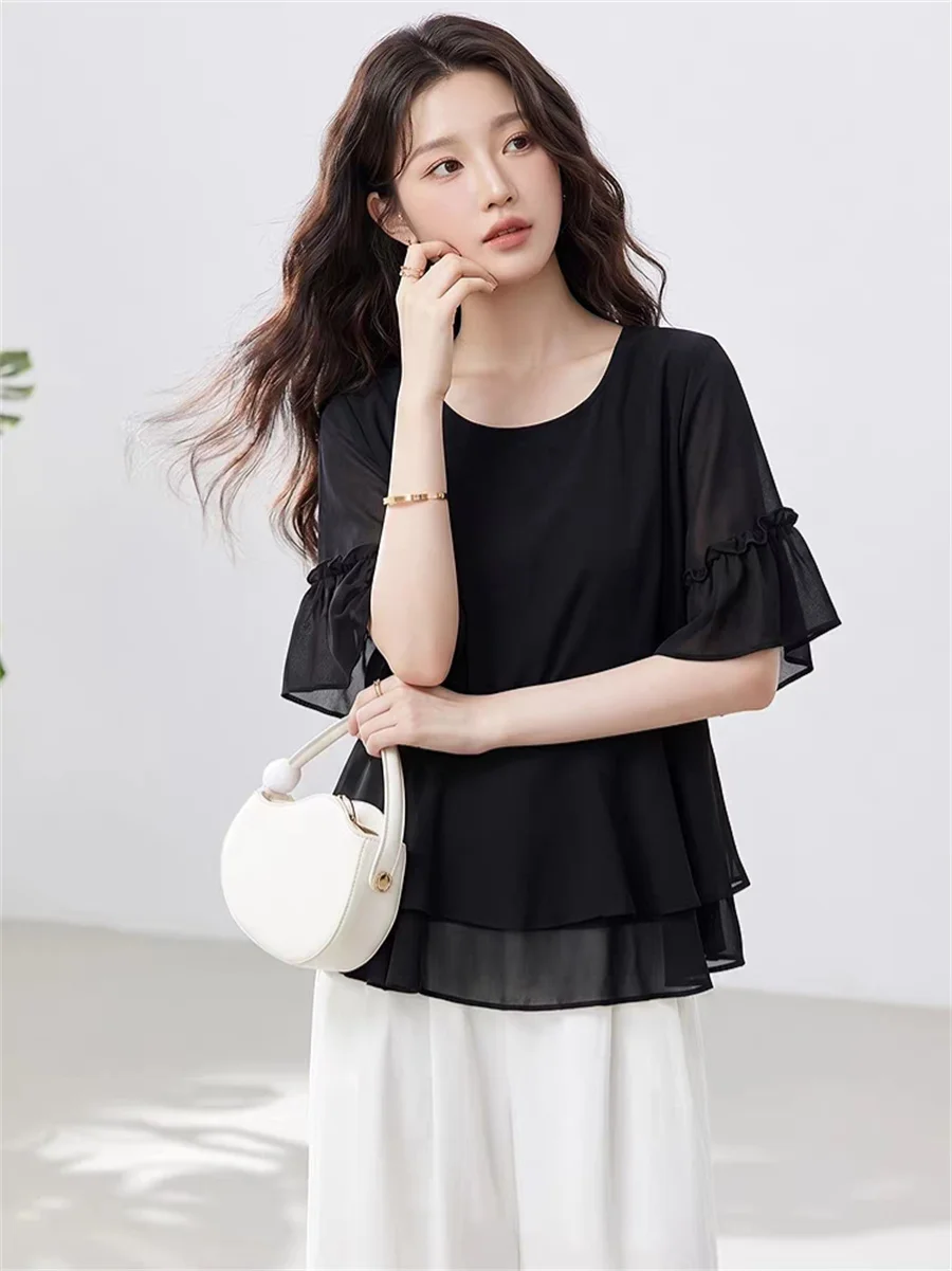 Blusa de chiffon fashion para mulheres plus size, cor sólida, manga curta, com babados, casual, elegante, para escritório, outono.