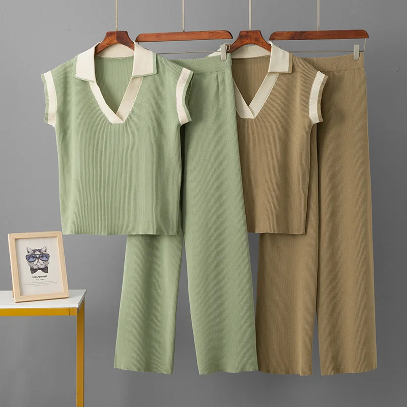 

Casual loose V-neck sleeveless knitted tops+sporty slim elastic waist wide leg pants 2-piece set for women Fashion Suit