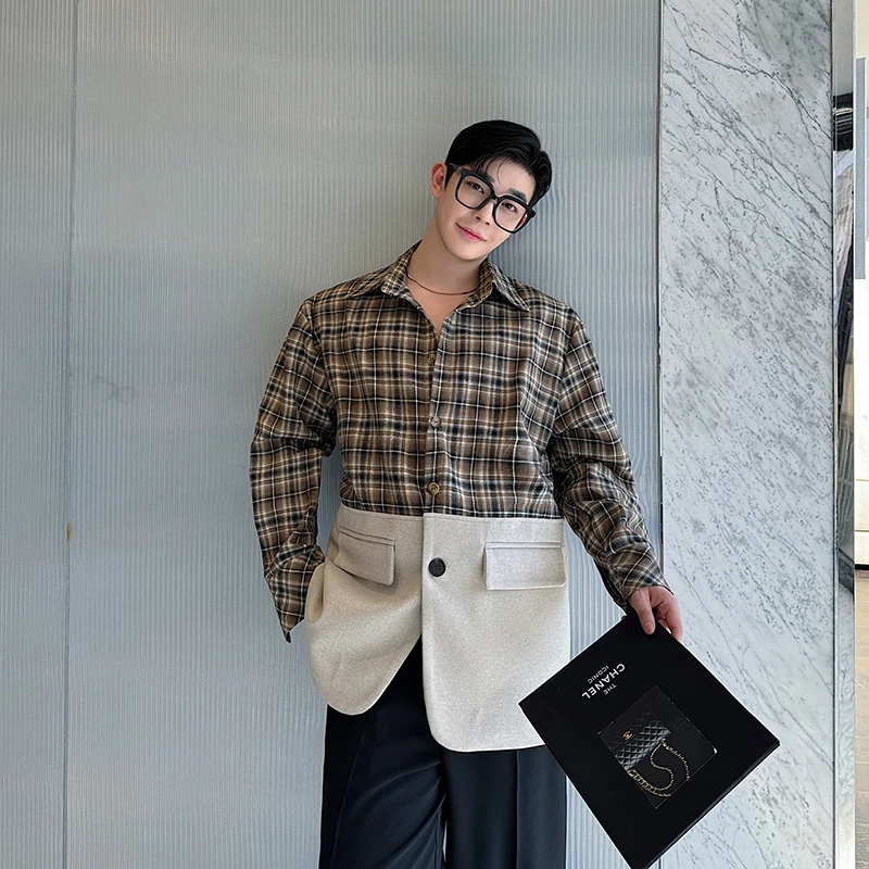 

Faionable Plaid Patchwork irt Jaet Autumn Trendy Korean Retro Sle Outerwear Casual Long Sve Collar Youth ular