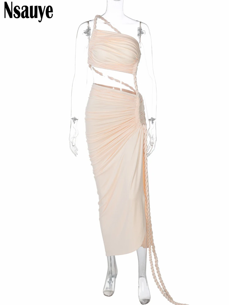 Nsauye nova moda feminina um ombro sexy ruched baixo corte longo vestido de noite 2025 verde verão festa clube vestido alta divisão