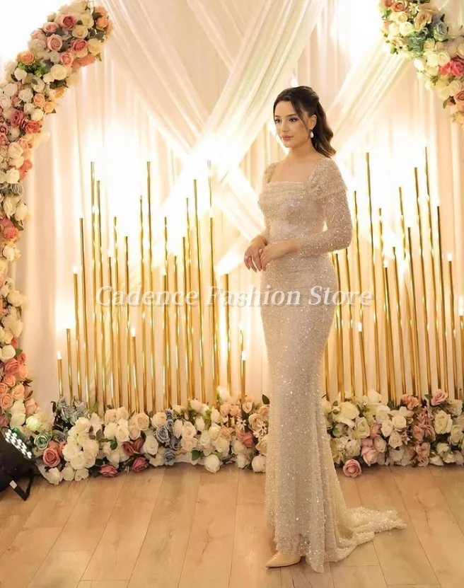 Gaun pengantin seksi putri duyung kustom 2025 payet berkilau Applique gaun pengantin mewah lengan panjang