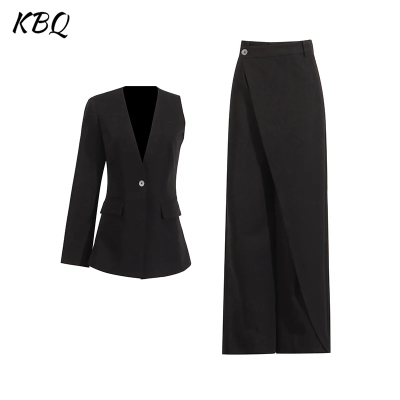 

KBQ Solid Spliced Button Two Piece Set for Women V Neck One The Shoulder Sleeve Coat High Waist Pant Chic Set Female Clothes New