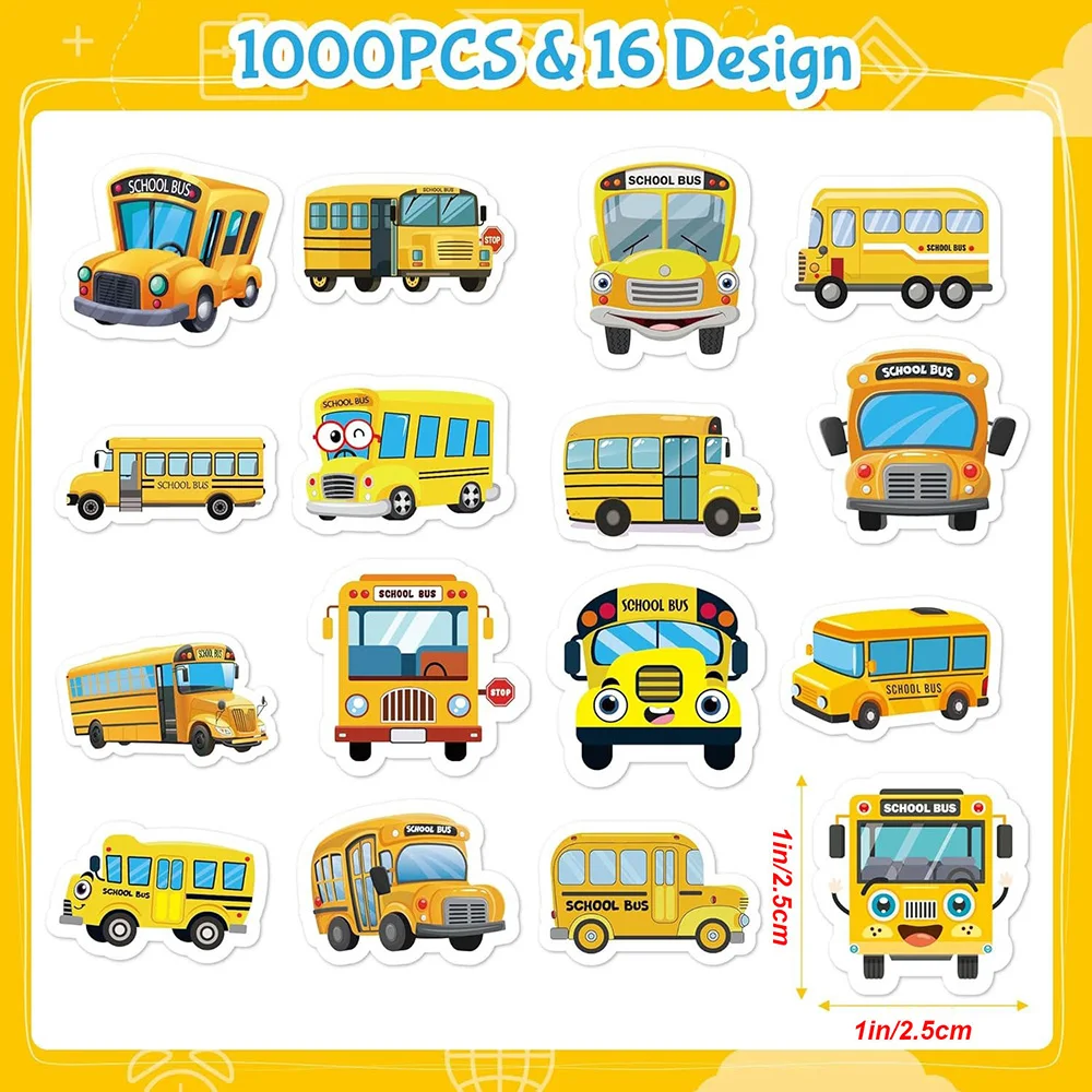  School Bus Roll Stickers 500Pcs 16 Patterns School Bus Stickers School Waterproof Vinyl Cartoon Transportation Decals for Lapt