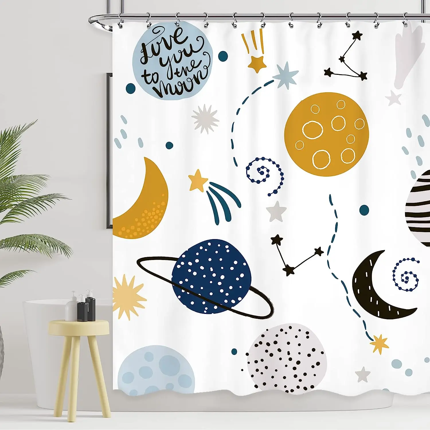 Cartoon Planet Shower Curtain Cute Cosmic Shower Curtain Galactic Space Kids Cloth Shower Curtains Bathroom Decor Set With Hooks