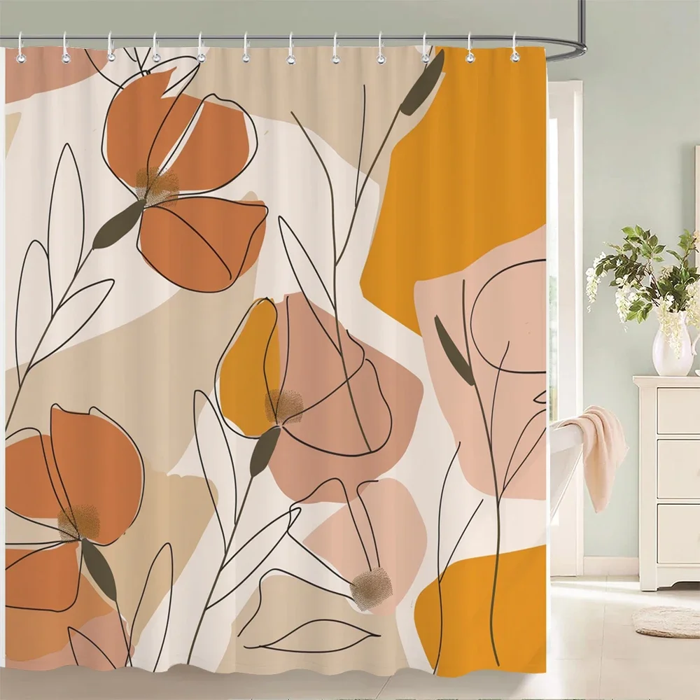 Boho Abstract Line Floral Fruit Shower Curtain Minimalist Geometric Leaf Tulip Orange Lemon Print Multi Style Waterproof Fabric