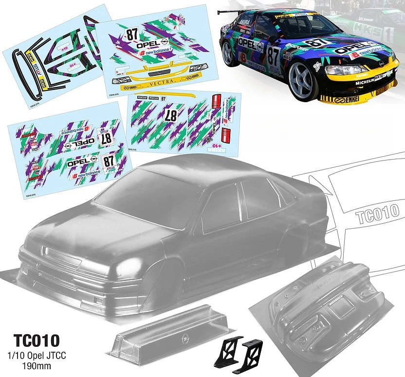 TC010 1/10 Opel JTCC Clear Lexan Body shell 190mm W/Rear Wing + Light Buckles + Rear Mirrors for RC Touring Car RC Drift Chassis