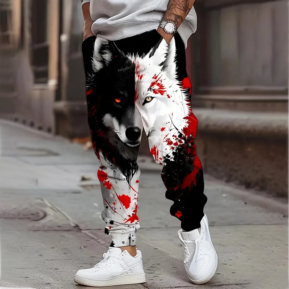 Winter thick thermal pants fashion Good evil Wolf print men's sweatpants men's loose casual pocket pull rope sweatpants