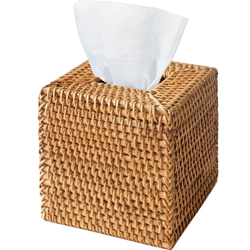 Rattan Tissue Box Cover, Hand Woven Square Wicker Holder For Facial Tissues, For Bathroom Living Room, Tissue Holders