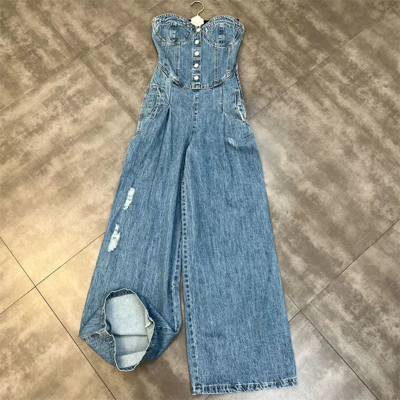 

ZCSMLL Strapless Denim Jumpsuit Women's 2022 Spring New Korean Fashion Waist Closing Temperament Female Wide Leg Pants Trend